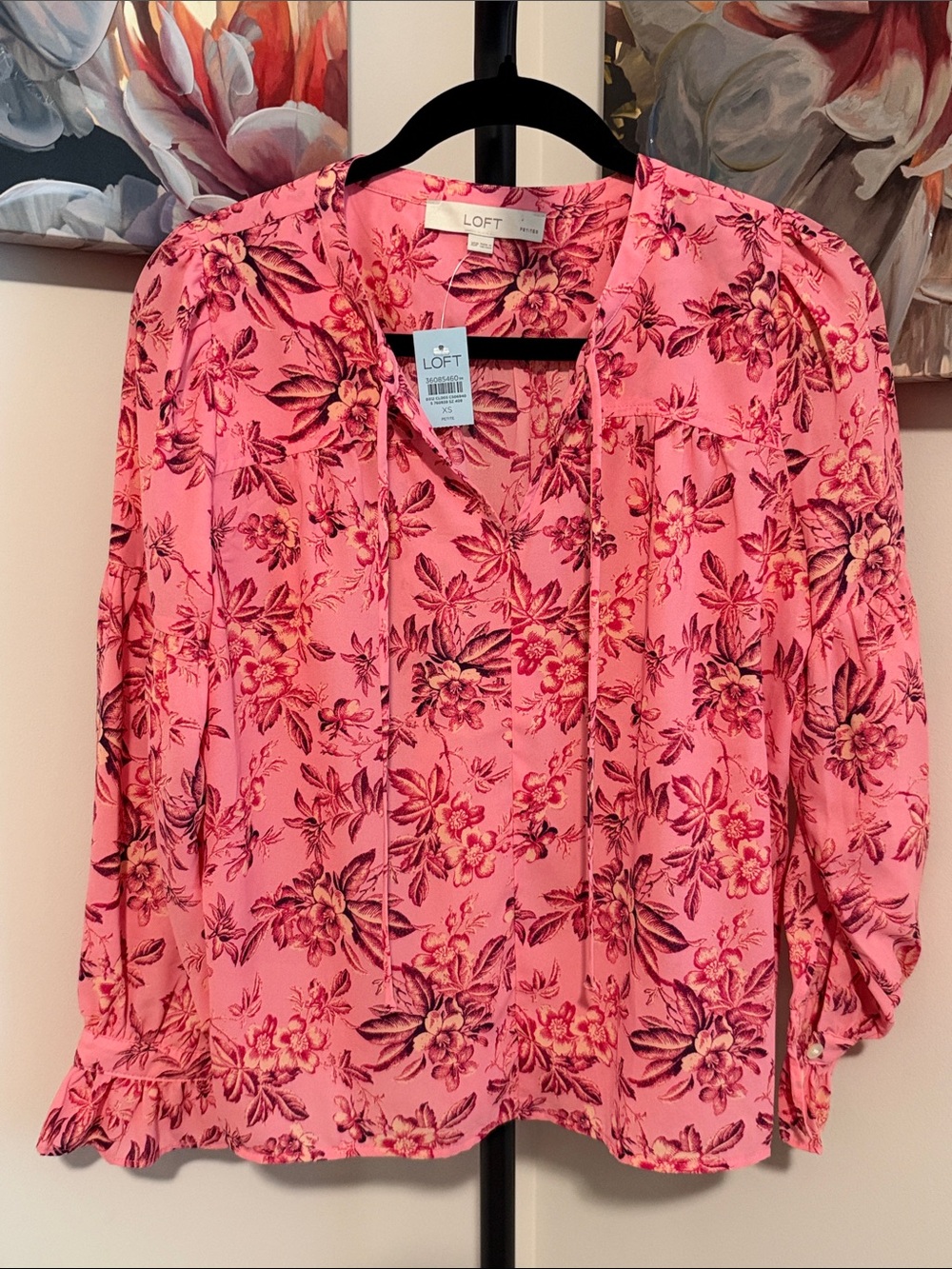 LOFT Coral-Pink Floral Tie-Detail Blouse